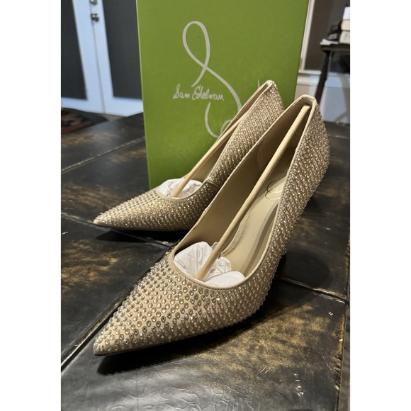 Sam Edelman Antonia Glitz Allover Rhinestones Pump Sesame Suede US 9.5 M - Picture 1 of 14